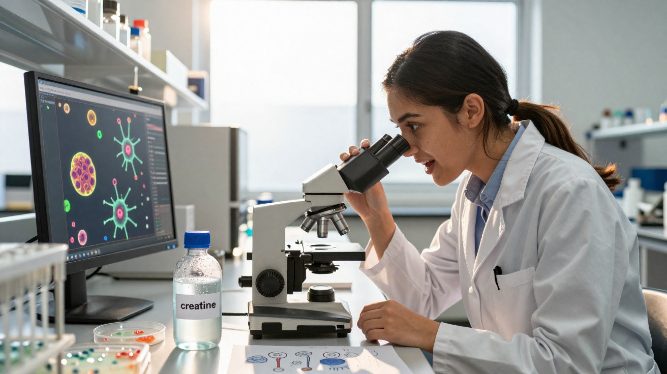 Scientist in a lab coat examining sample through a microscope with virus illustrations on a computer screen.