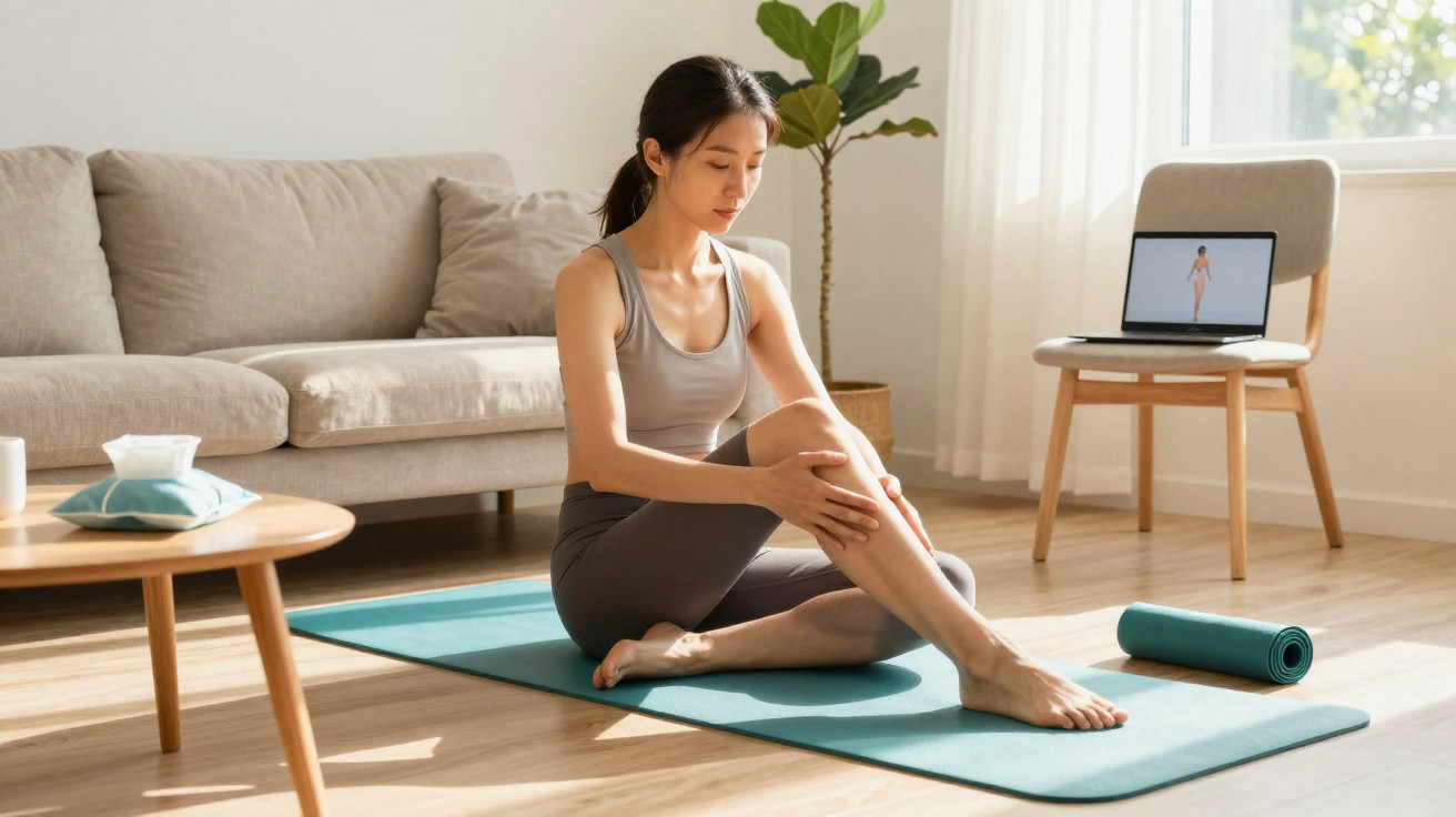 Woman in sportswear sitting on a yoga mat in a bright living room, following an exercise video on a laptop.