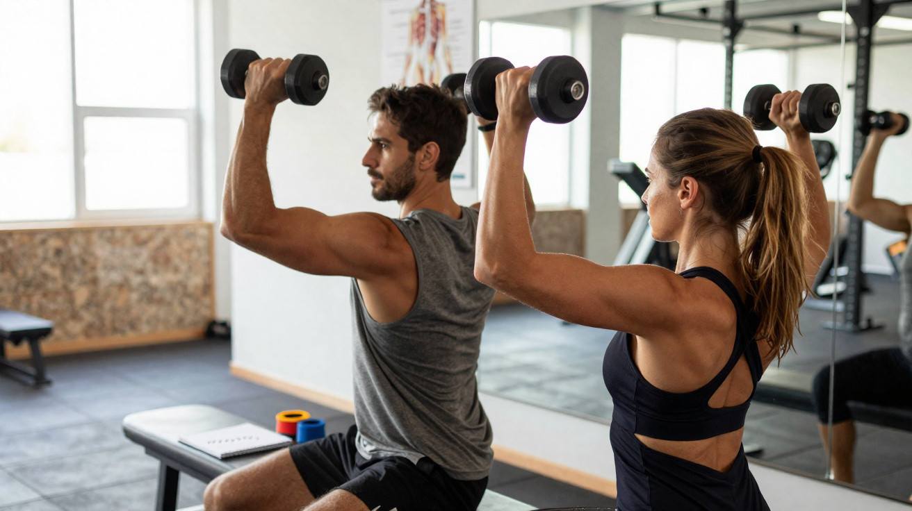 Man and woman seated side by side lifting dumbbells overhead in a bright gym with mirrors.