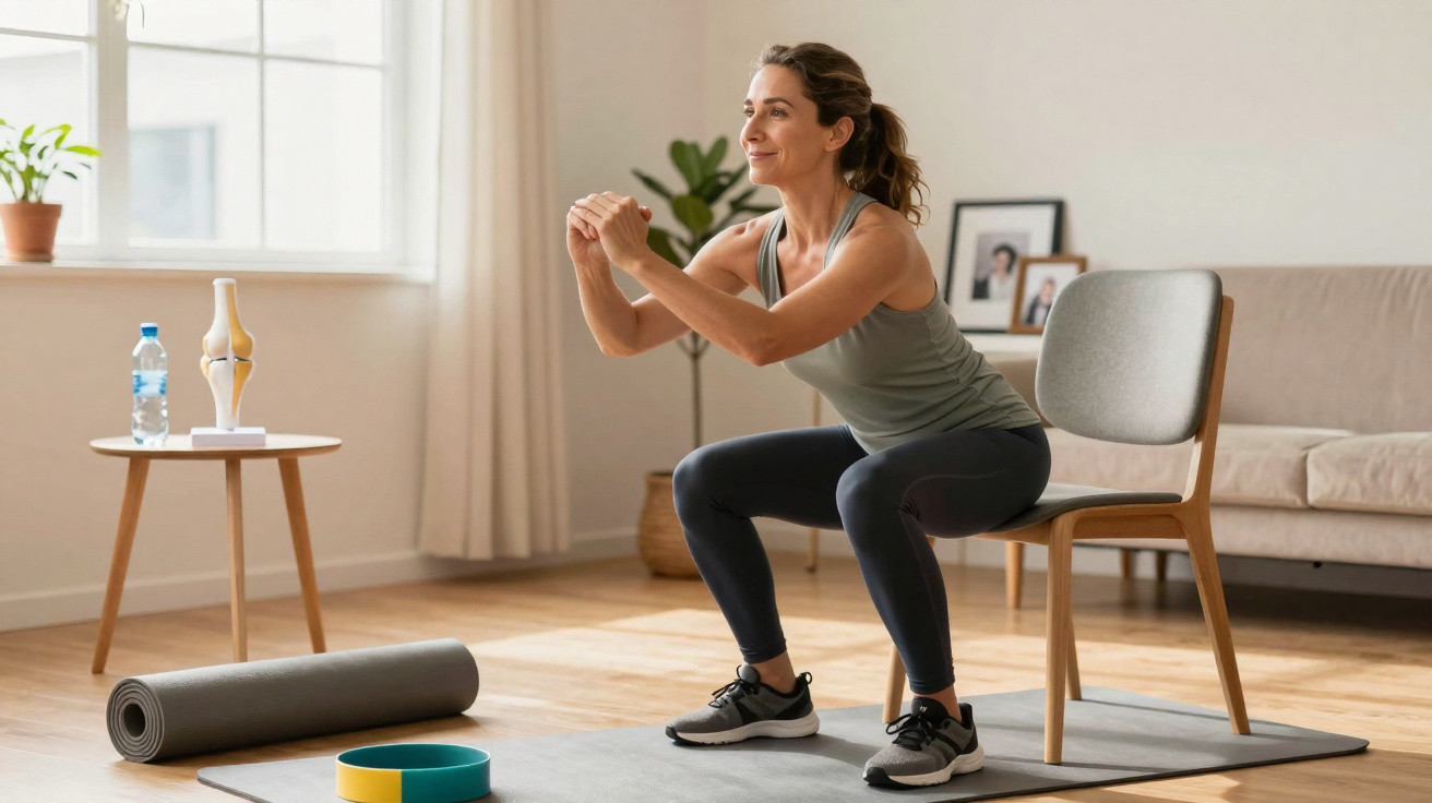 Woman doing chair squats on a yoga mat in a bright living room with exercise equipment nearby.
