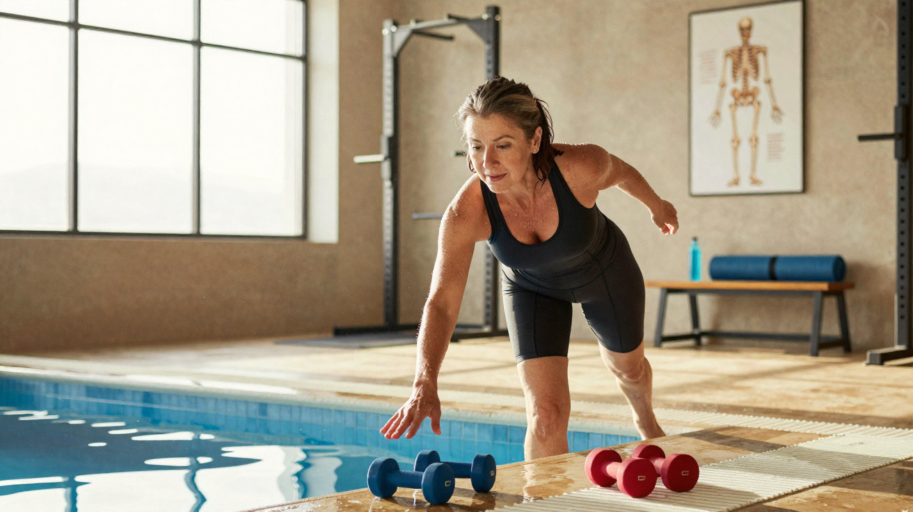 Mature woman in black workout clothes reaching for dumbbells by an indoor pool in a gym setting.