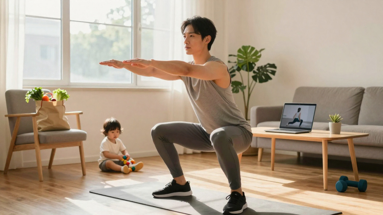Man doing squats on a yoga mat in a living room with a child sitting on the floor nearby playing with toys.