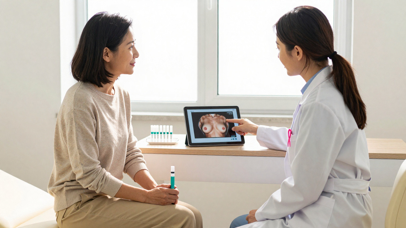 Doctor explaining mammogram results to patient in a medical consultation room.