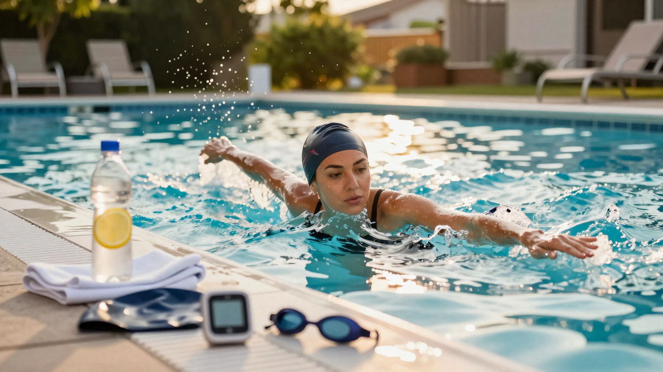 Woman swimming freestyle in outdoor pool with swim goggles and water bottle on the poolside at sunset.