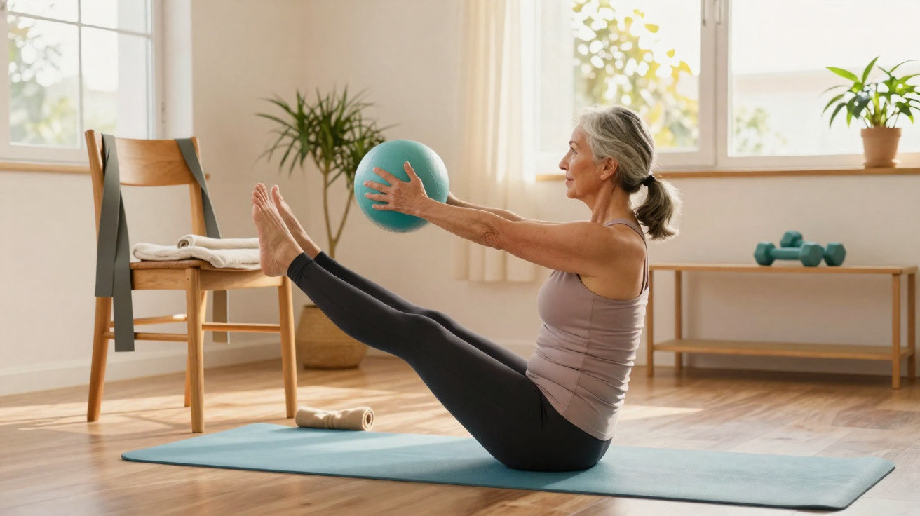 Older woman in workout clothes doing Pilates with a ball on a mat in a bright, cosy room.
