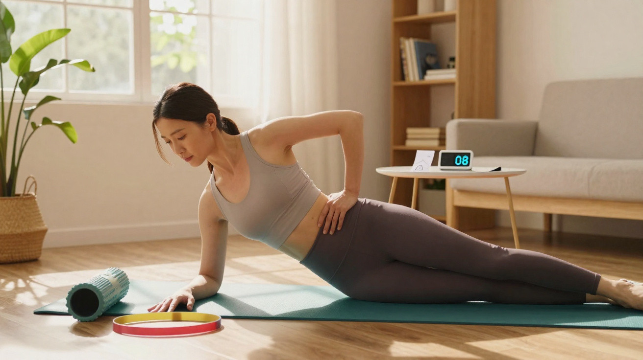 Woman in activewear doing side plank exercise on a yoga mat in a sunlit living room.