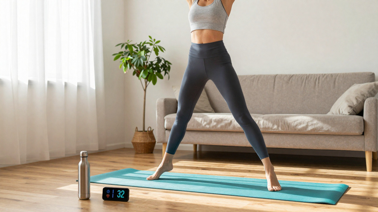 Person in workout clothes standing on a yoga mat in a bright living room with a water bottle and digital clock nearby.