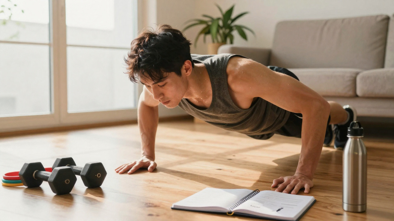 Man doing push-ups at home with dumbbells, water bottle, and open exercise book nearby on wooden floor