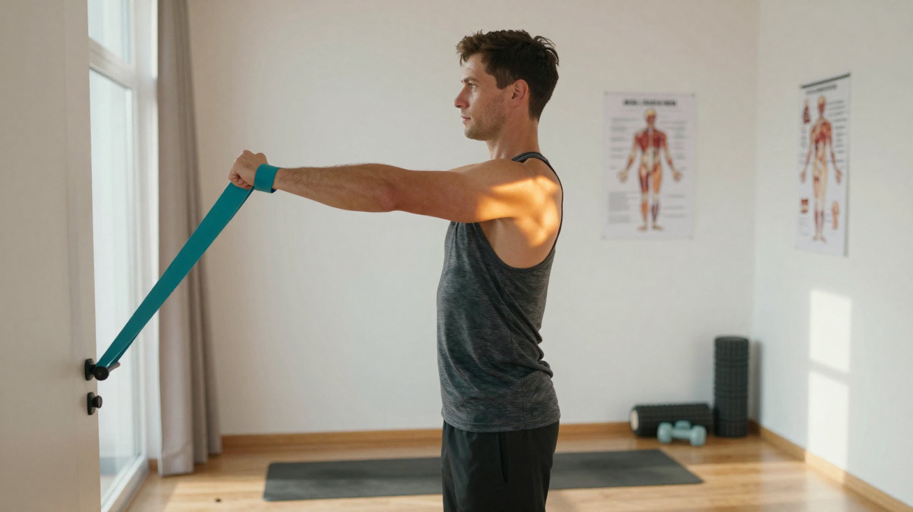 Man exercising with a resistance band attached to a door in a bright, minimal home workout space.