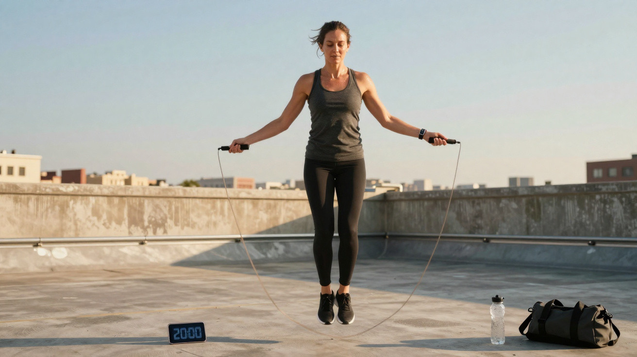 Woman in black sportswear jumping rope on rooftop next to water bottle, gym bag and digital timer showing 20:00