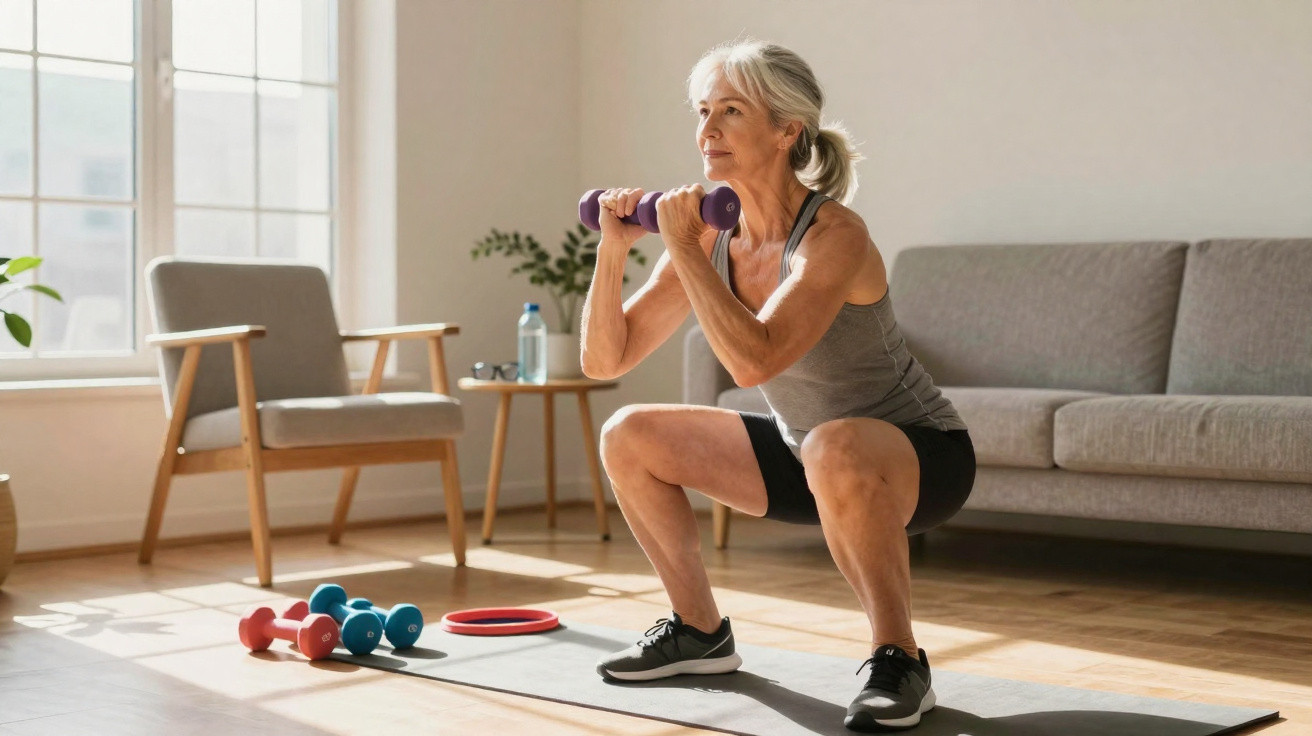 Older woman performing squats with dumbbells on a yoga mat in a sunlit living room.