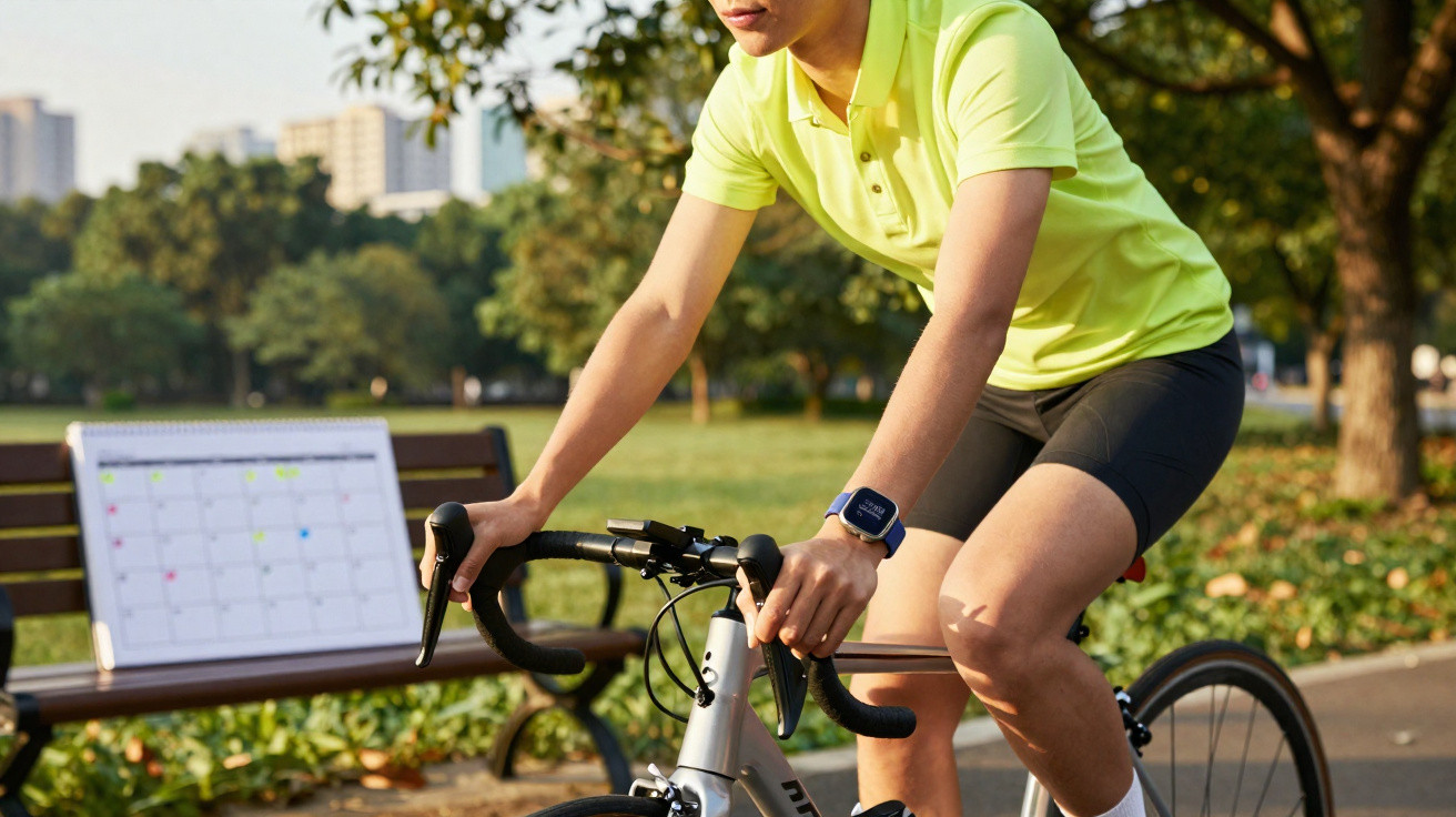 Person in a yellow shirt cycling on a road bike in a park near a bench with a large calendar on it.