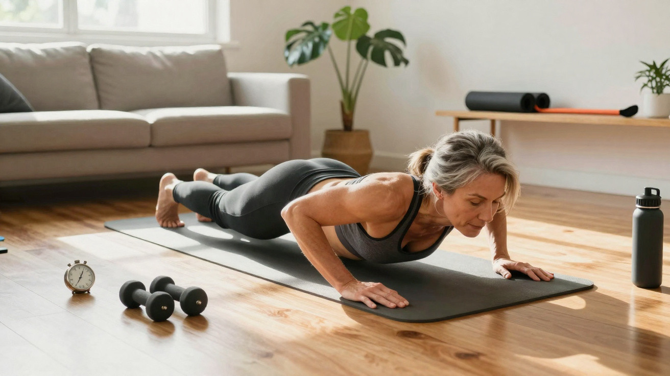 Woman doing push-ups on a yoga mat in a bright living room with dumbbells, timer, and water bottle nearby.