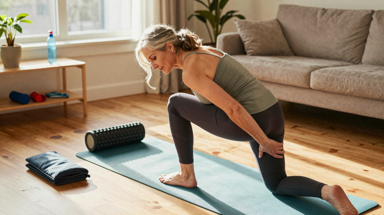 Mature woman in activewear stretching on a yoga mat in a sunlit living room.