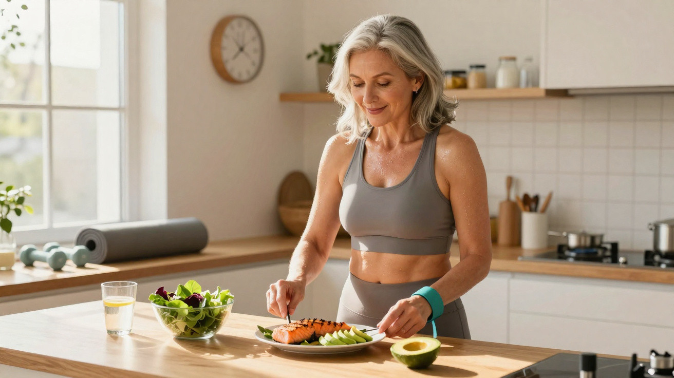 Fit woman in sportswear preparing a healthy meal with salmon, avocado, and salad in a bright kitchen.