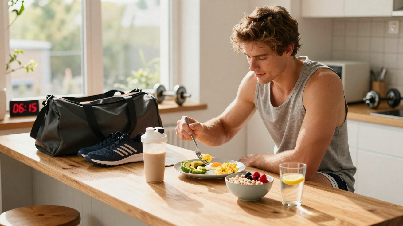 Young man in gym wear eating healthy breakfast at kitchen counter with gym bag and shoes nearby.