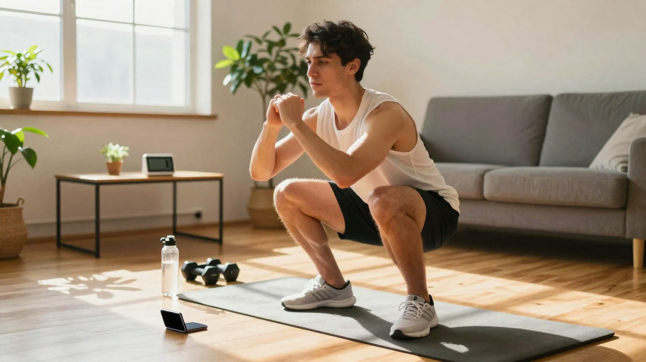Young man in sportswear doing squats on a mat in a bright living room with dumbbells and water bottle nearby.