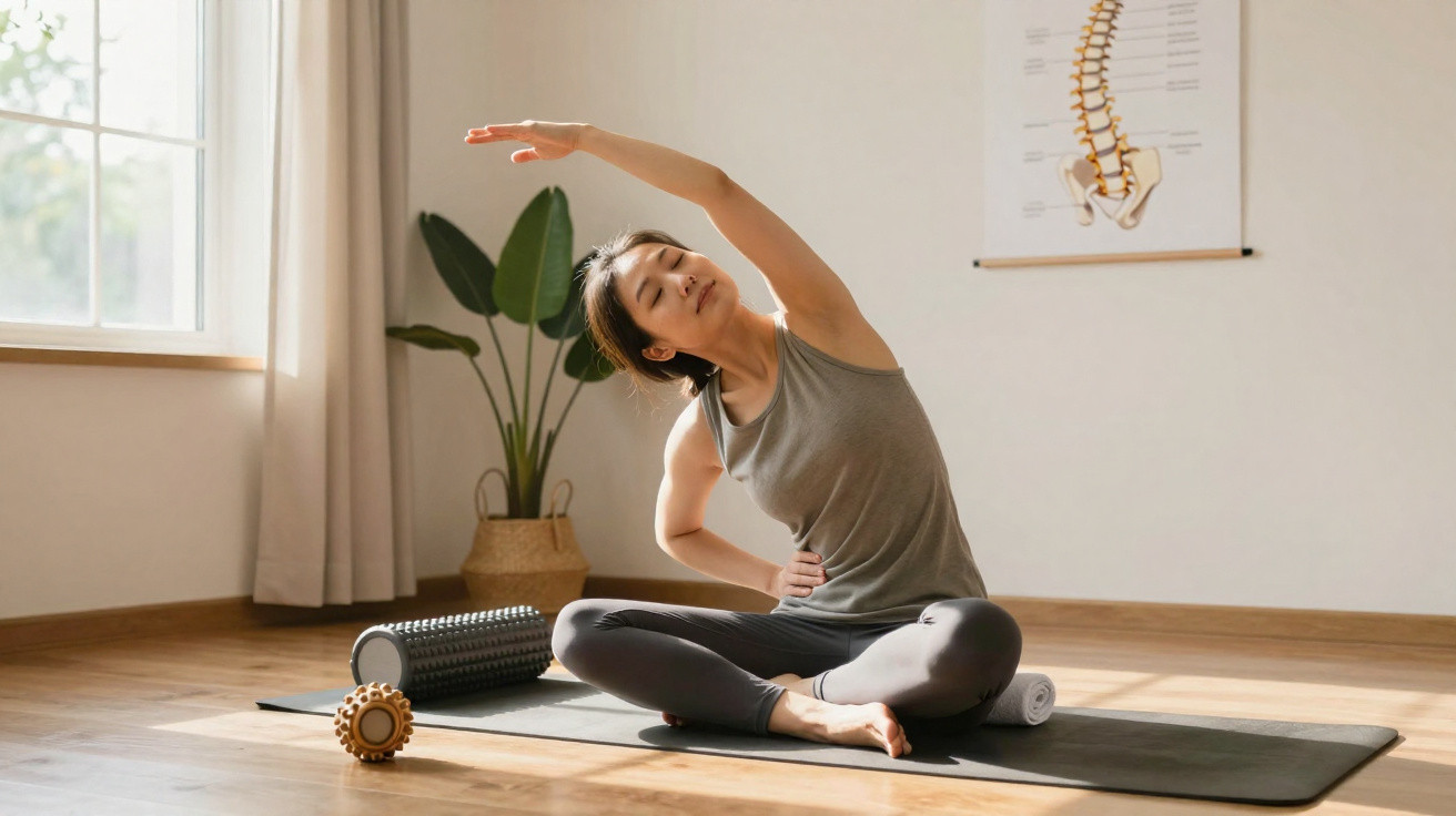 Woman stretching seated on yoga mat in bright room with plants and anatomical spine poster.