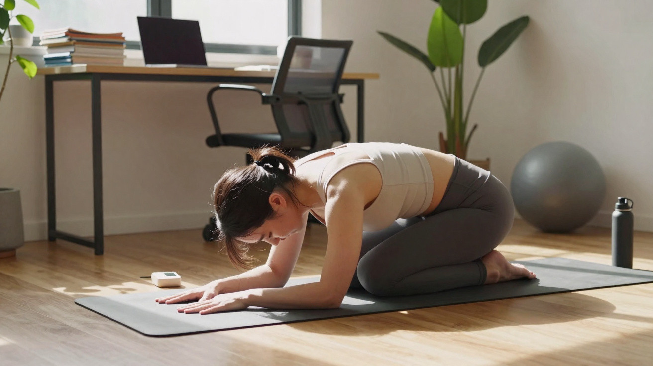 Woman in workout clothes doing a child's pose stretch on a yoga mat in a bright home office.