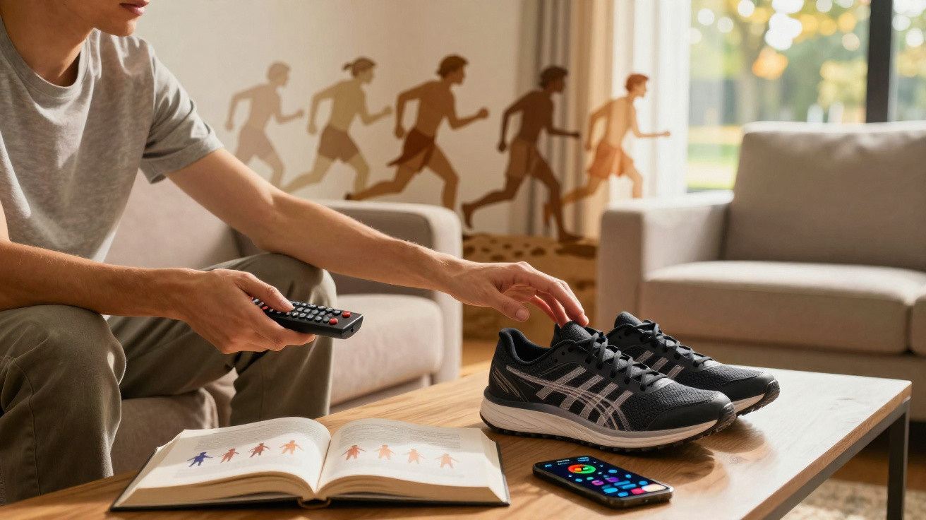 Person sitting on sofa holding remote, reaching for running shoes on table with book and smartphone nearby