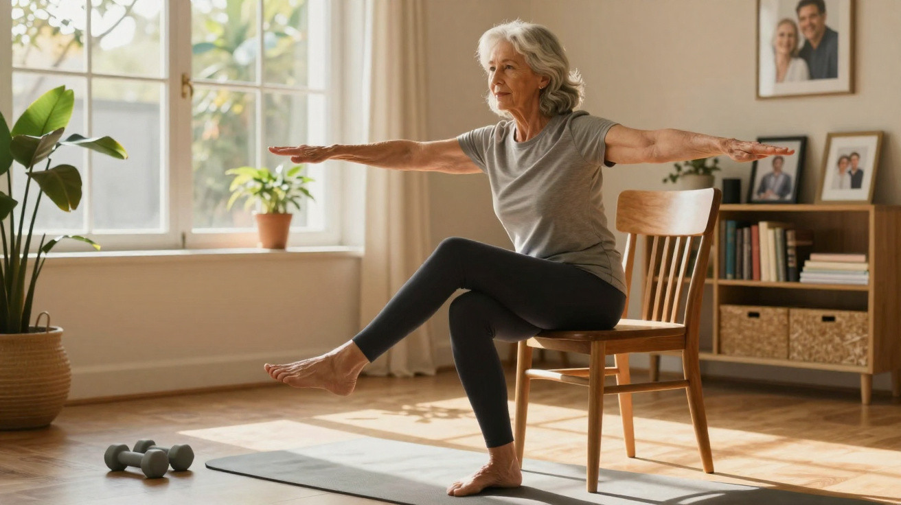 Senior woman exercising with chair in bright living room with plants and dumbbells nearby.