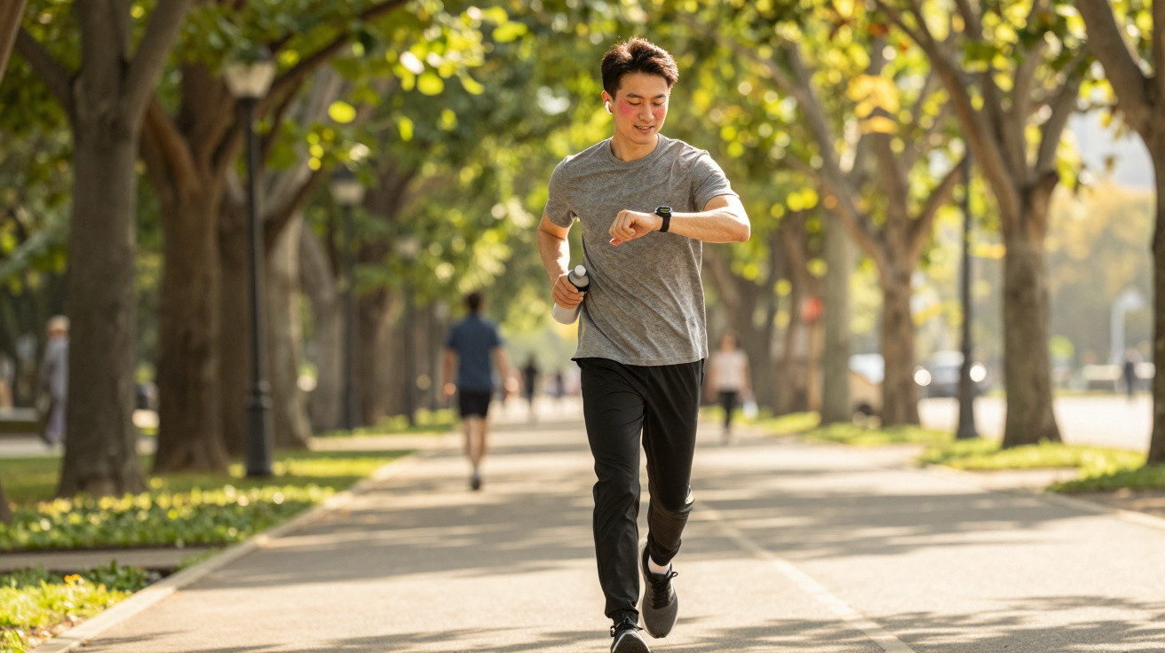 Young man jogging in a tree-lined park path checking his smartwatch and holding a water bottle on a sunny day.