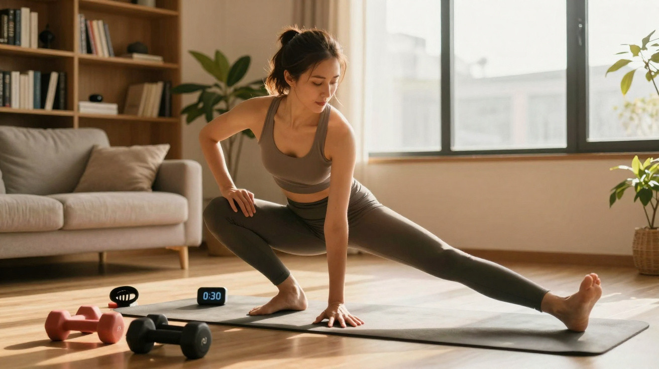 Woman stretching on a yoga mat in a bright living room with dumbbells and a timer nearby.