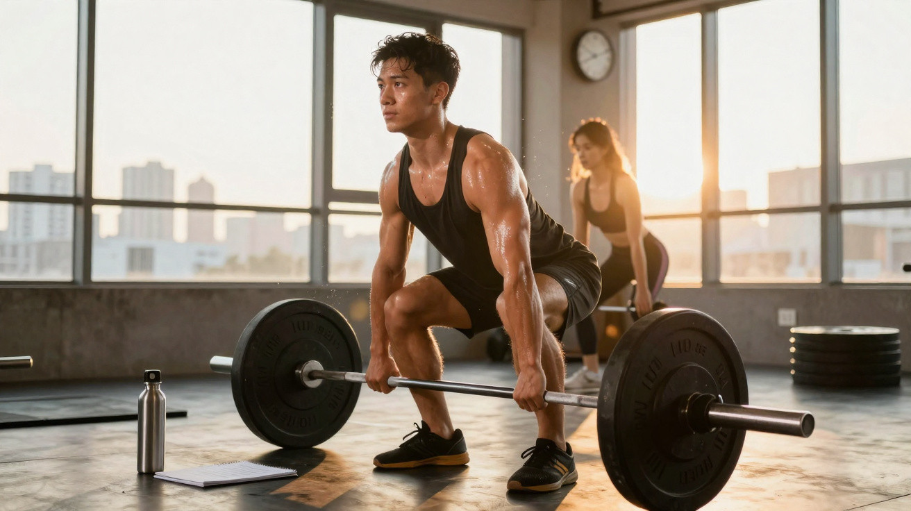 Man performing deadlift exercise with barbell while woman works out in gym with large windows at sunset