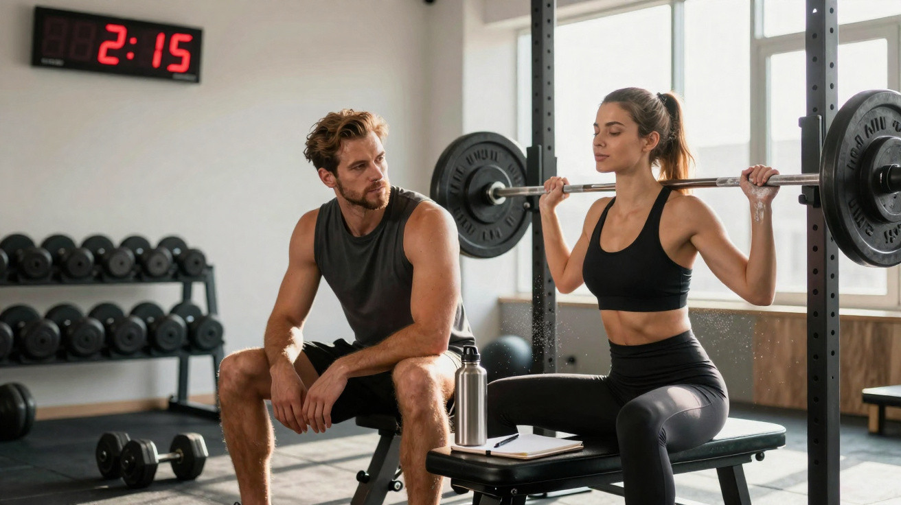 Man sitting on bench watching woman lifting barbell in bright gym with clock showing 2:15 on wall