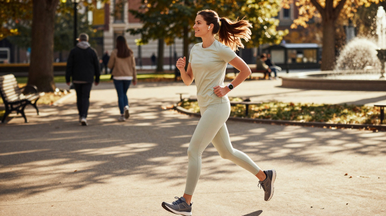 Woman jogging in light sportswear on a sunny autumn day in a city park with a fountain in the background.