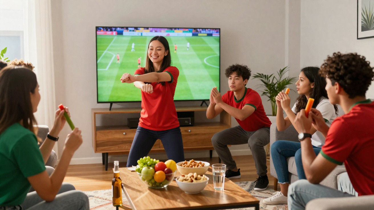Group of young people in football shirts exercising and snacking while watching a football match on TV at home.