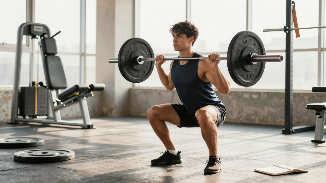 Young man in gym performing barbell squat with weights on shoulders, surrounded by gym equipment.