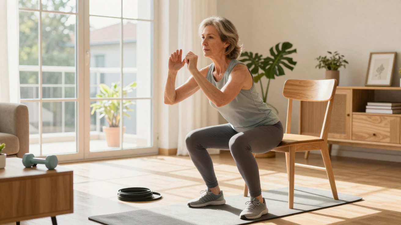 Mature woman doing chair squats in a bright living room with plants and wooden furniture visible.