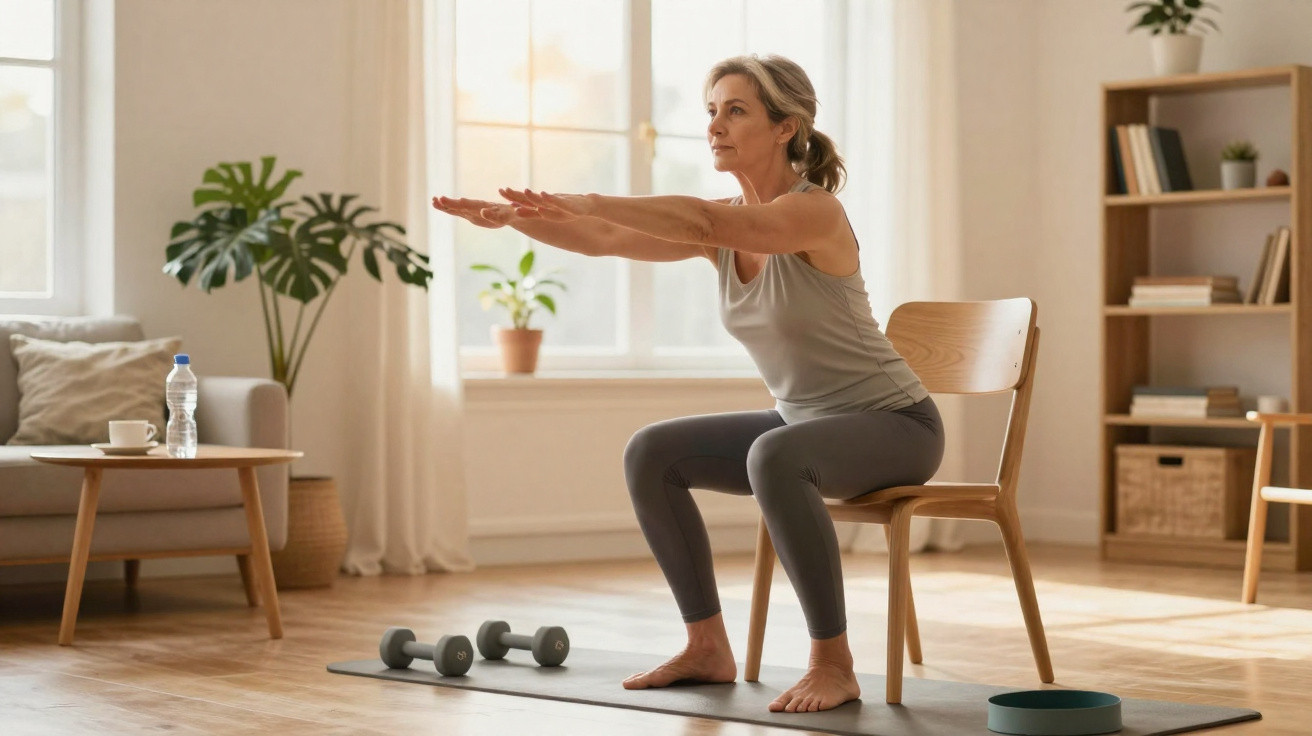 Mature woman performing chair squats on a yoga mat in a bright living room with weights nearby.