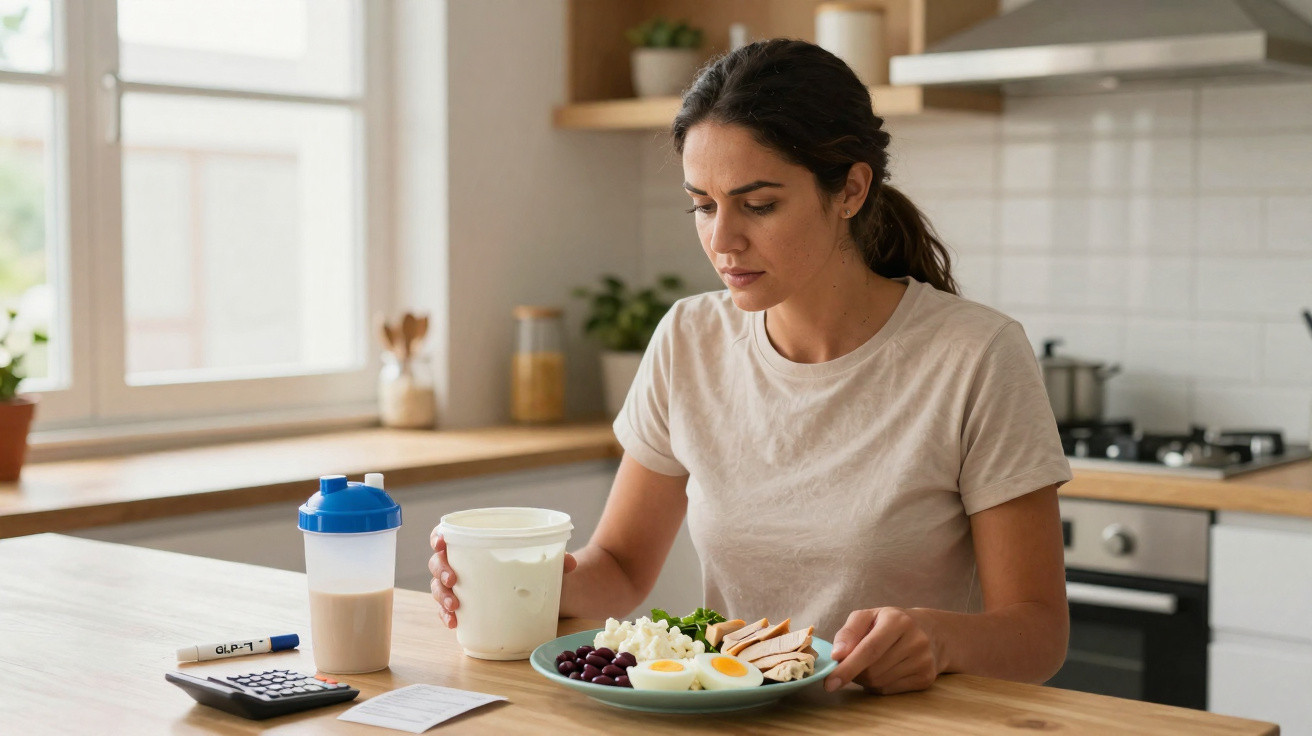 Woman sitting at a kitchen table with a healthy meal, holding a container of yogurt or dip.