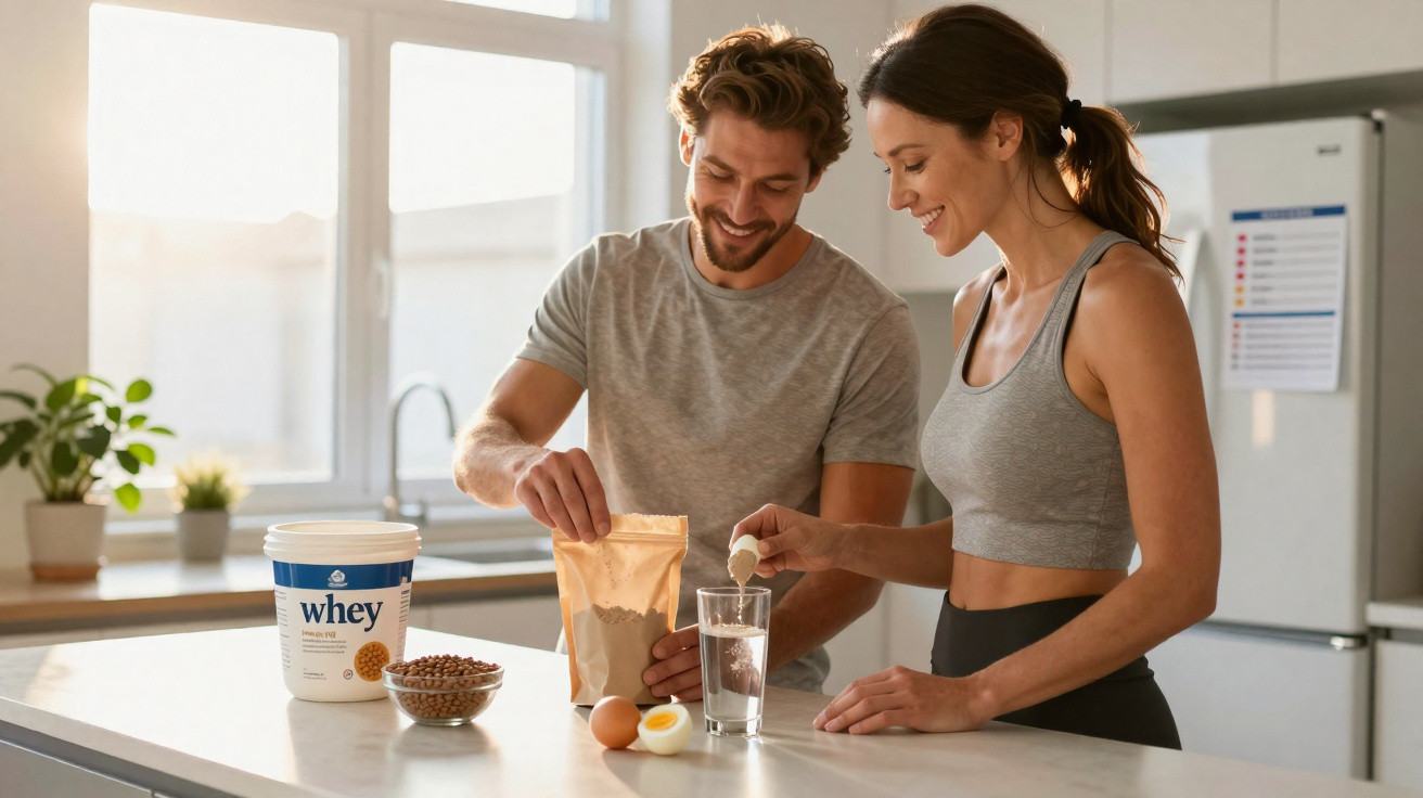 A smiling couple in casual sportswear preparing a protein shake in a bright kitchen.