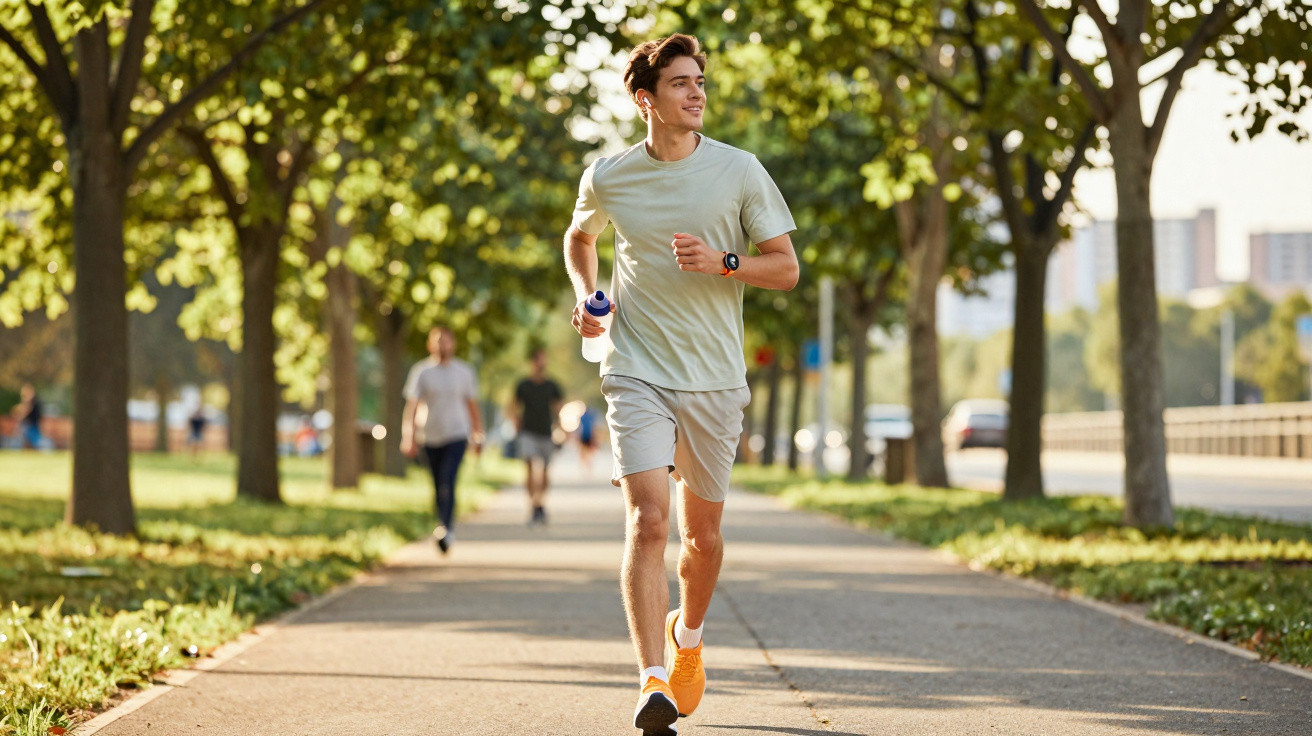 Young man jogging on a tree-lined path in a park, holding a water bottle and wearing earbuds.