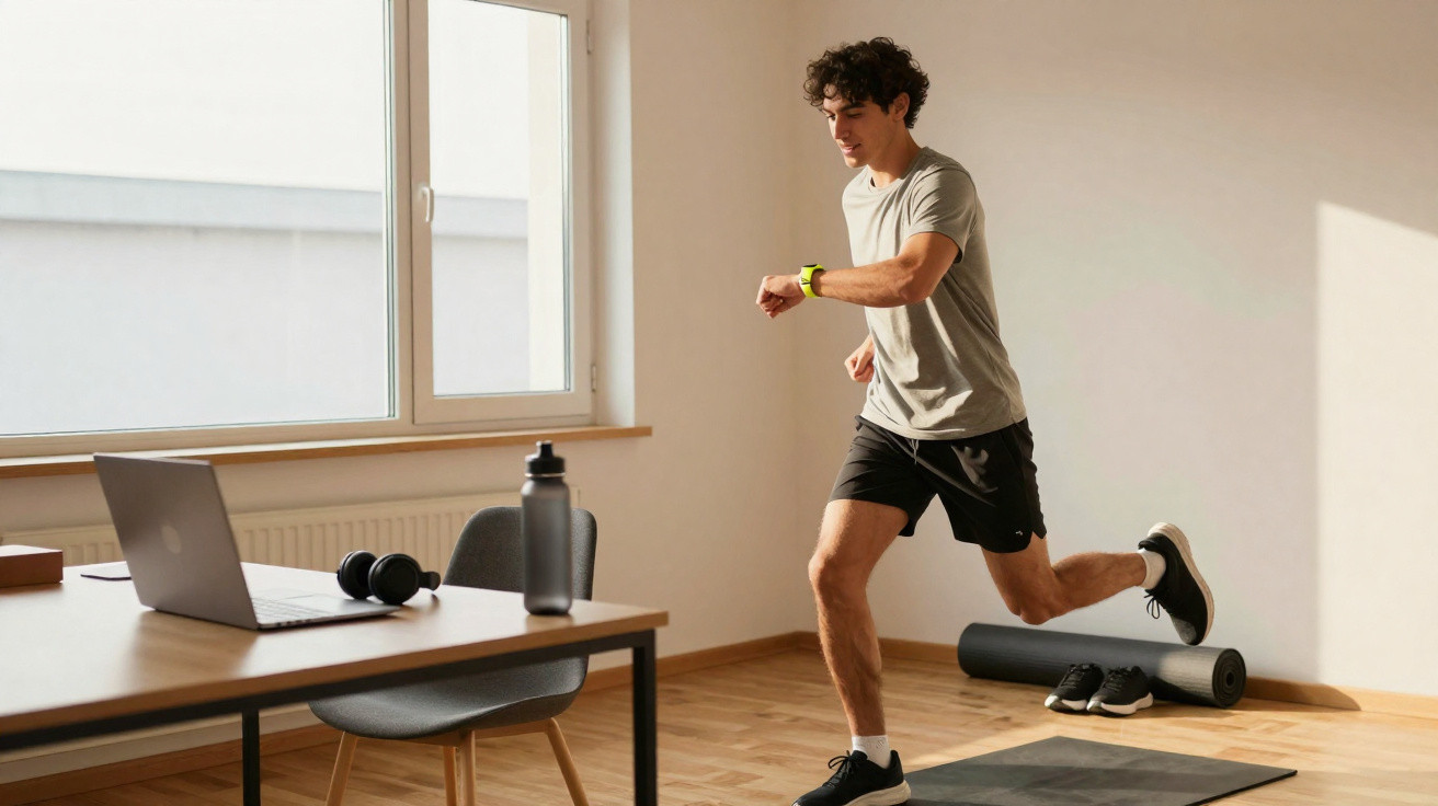Young man exercising indoors next to a desk with a laptop, water bottle, and headphones by a window.