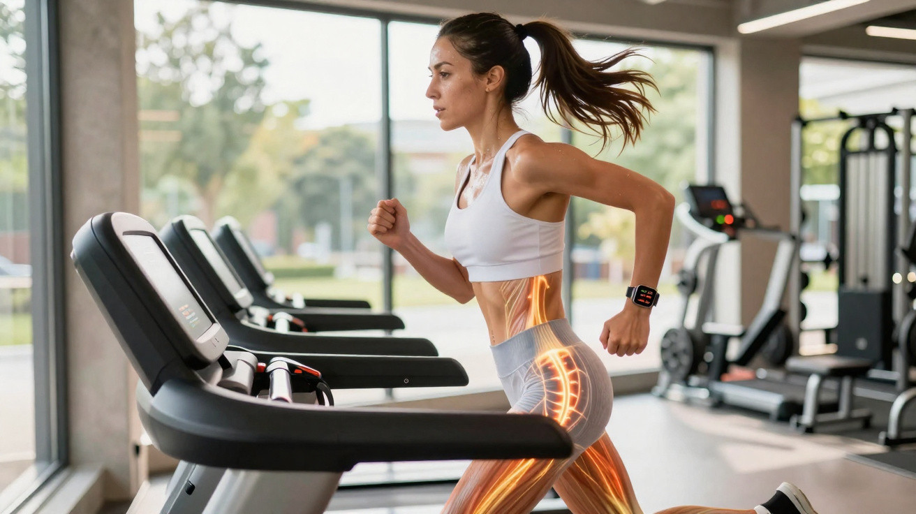 Woman running on treadmill with highlighted muscles and bones in a bright gym with large windows.