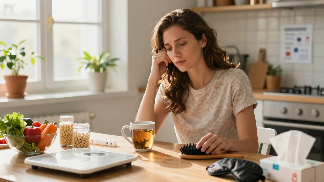 Concerned woman sitting at kitchen table with hairbrush, medication, tea, and healthy food nearby.