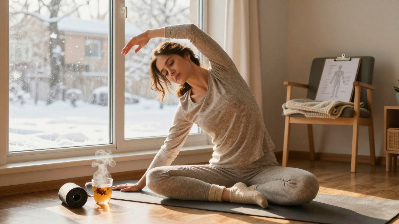 Woman in grey loungewear stretching on a yoga mat by a large window with snow outside and a steaming cup of tea nearby.