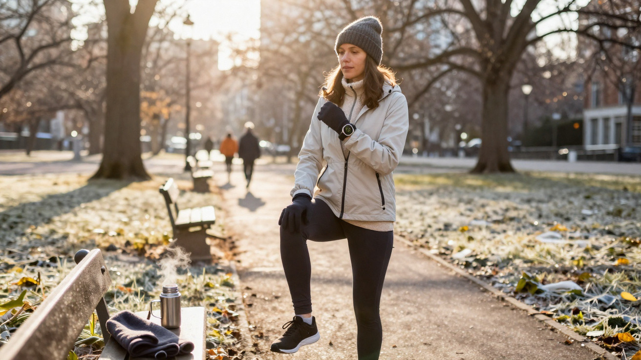 Woman in winter clothing stretching one leg on a bench in a park on a sunny, frosty morning.