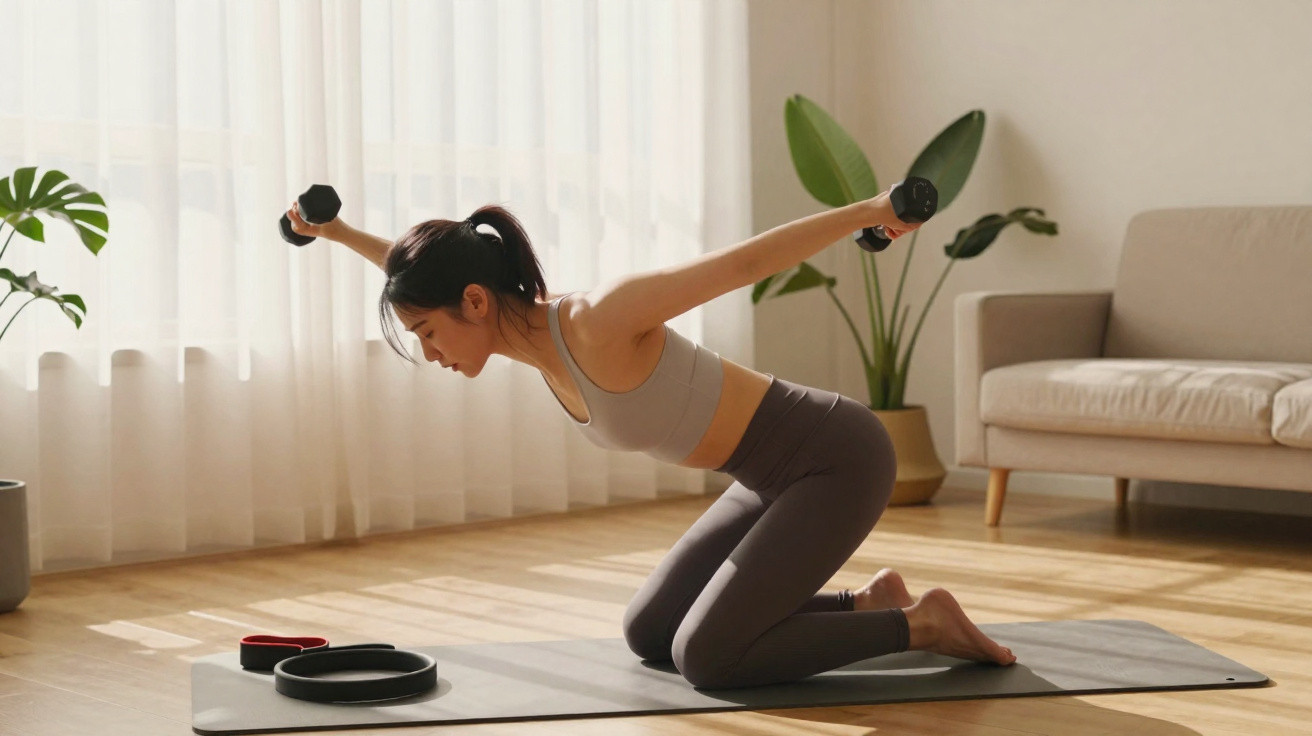 Woman exercising with dumbbells on a yoga mat in a bright living room.