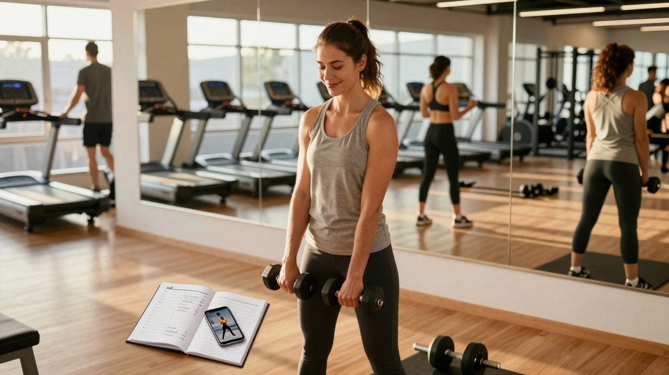 Woman lifting dumbbells in a gym with mirrors, treadmills, and a workout plan with a phone on the floor.