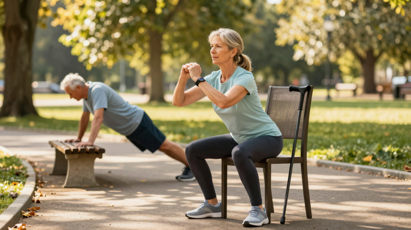 Older woman doing chair squats while man performs elevated push-ups in a sunny park setting.