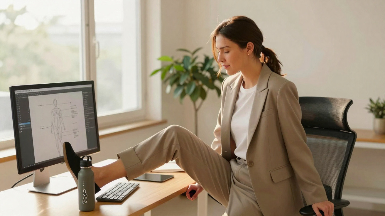 Woman in beige suit stretching leg on desk in modern office with computer and plants.