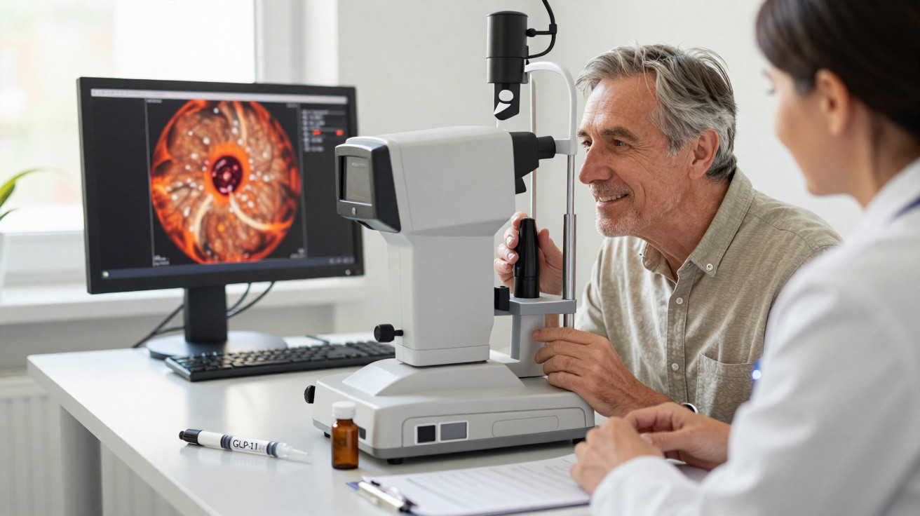 Older man undergoing an eye exam with eye imaging equipment while a female optometrist observes and takes notes.