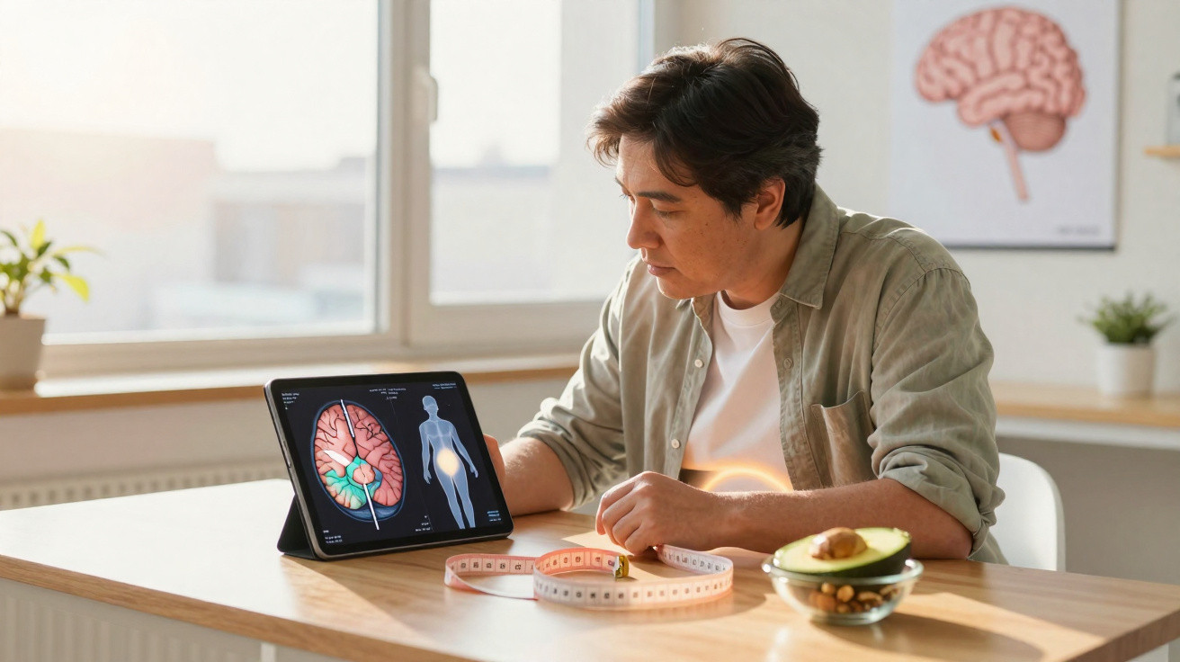 Man studying brain and body diagrams on a tablet with measuring tape and healthy food on a table.