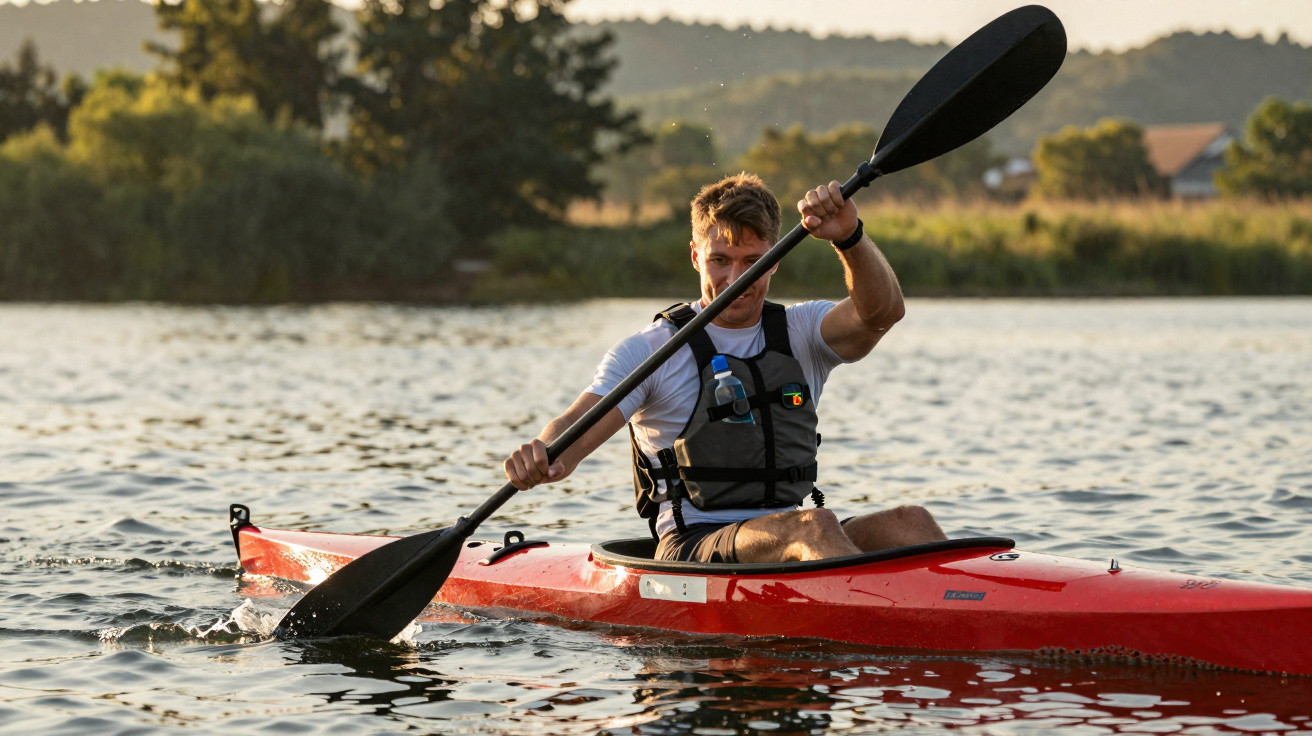 Man paddling a red kayak on calm water with trees and hills in the background at sunset.