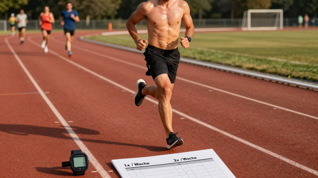 Shirtless man wearing black shorts running on a track with other runners and a training plan in view.